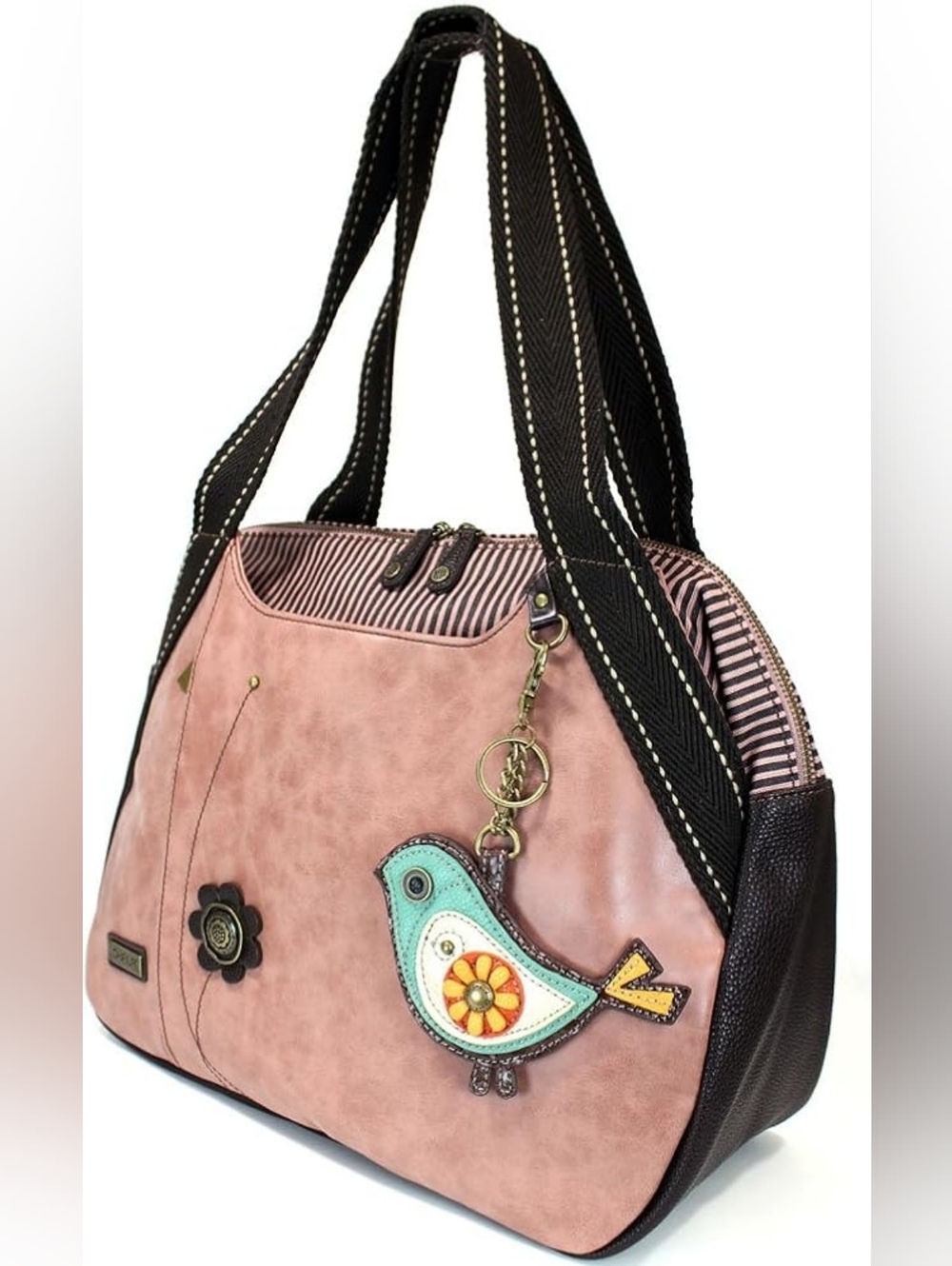 Chala Dust Rose Shoulder Purse ShoulderTote Bag with Bird Key Fob/ Coin Purse